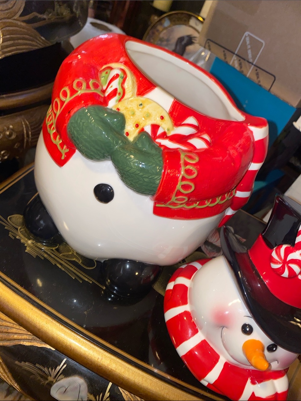 Fitz and Floyd Red, White and Black Festive Snowman Ceramic Cookie Jar - Picture 4 of 11